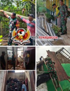 ANGGOTA KORAMIL 411-04/TRIMURJO, KODIM 0411/KM,SIGAP BANTU WARGA EVAKUASI POHON TUMBANG TIMPA RUMAH WARGA, AKIBAT HUJAN DERAS DI SERTAI ANGIN KENCANG.