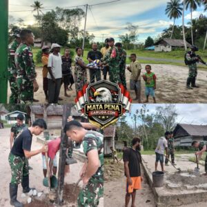 Satgas Yonif 123/Rajawali Bangun Lapangan Voli dan Bagikan Bola untuk Warga Kampung Wonggi