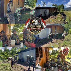 Kebersamaan di Tanah Papua, Satgas Yonif 521/DY Gotong Royong Bersihkan Lingkungan Rumah Warga di Distrik Elelim
