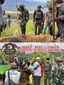 Bahu-Membahu dengan warga, Pos Walesi Satgas Pamtas RI-PNG Kewilayahan Yonif 645/Gardatama Yudha Bersama Warga Asolipele Gelar Gotong Royong Pemakaman